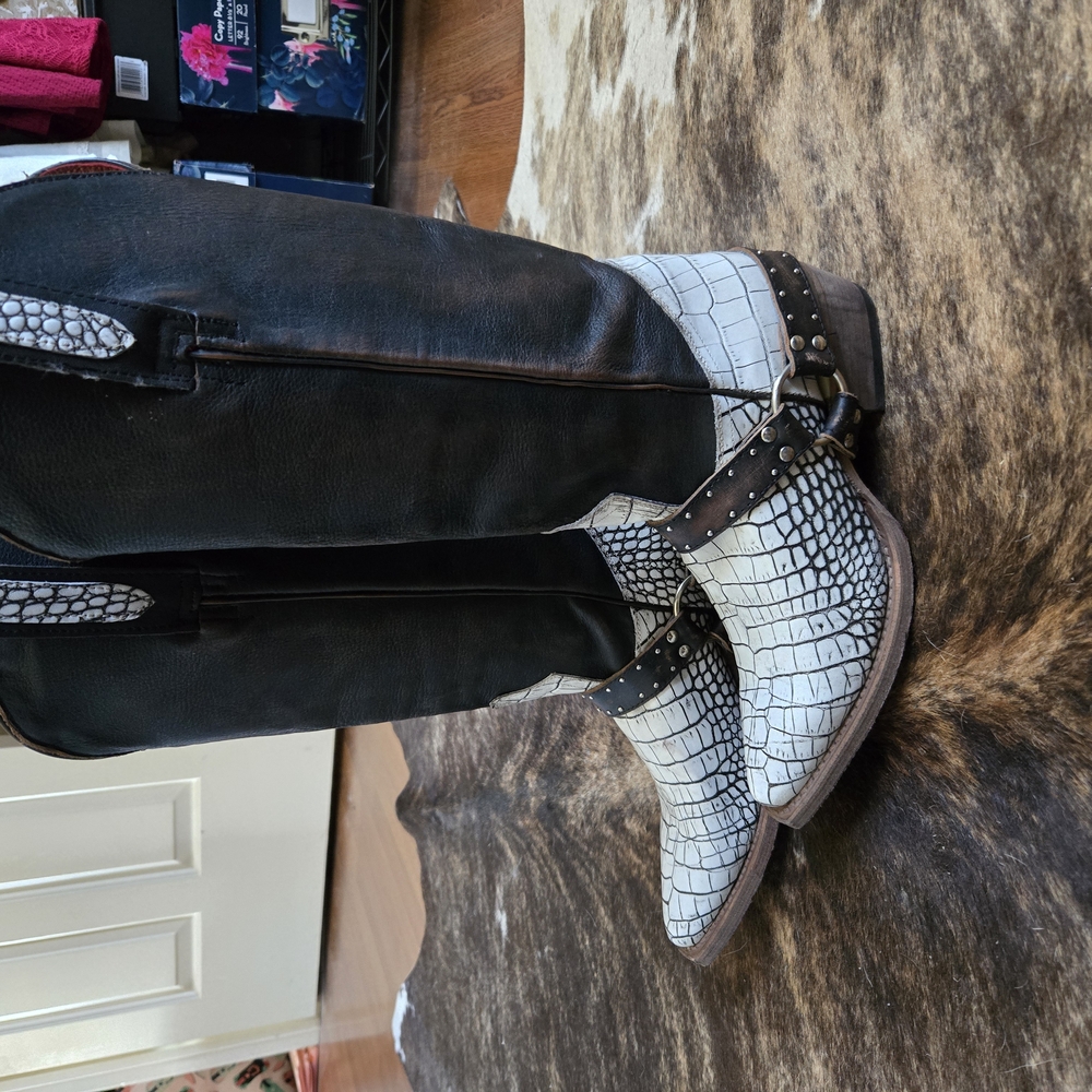 Freebird Brown and White Croc-Embossed Boots